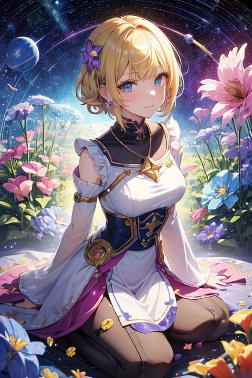 Melody Mark,highest quality、Tabletop、1 female、alone、(Abstract art:1.4),(Psychedelic Theme:1.6),(Gunjo World:1.5),(Lots of creatures:1.5),(Space World:1.5),(At the center of the world is the most beautiful woman in the world),(Many stars are falling:1.5),A ray of light spreads,Crystals spreading from the center,Prisma(Nostalgic scenery:1.5),(Colorful flowers:1.5),Garden Girl,Absurd, Very detailed,Bright colors, Very beautiful and detailed anime faces and eyes,short hair,Asymmetrical bangs, Blonde hair in short pigtails, Shiny Hair, Delicate and beautiful face, blush、blue eyes, White skin, Valletta, Earrings, necklace,