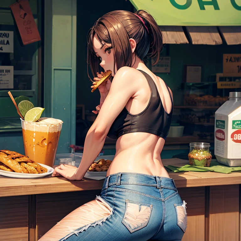 Woman in a tank top and jeans eating a tlayuda at a Mexican street food stall Big Ass