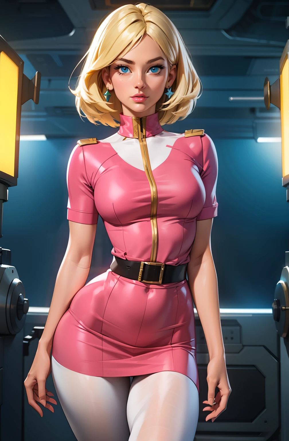 ((masterpiece)), ((cinematic lighting)), realistic photo、Real Images、Top image quality、1girl in, sayla mass, Elegant, masterpiece, Convoluted, slim arms, wide hips, thick thighs, thigh gaps, Best Quality, absurderes, high face detail, Perfect eyes, mature, Cowboy Shot, , Vibrant colors, soft pink uniform, soft pink Skirt, white tights, side view, looking at viewer