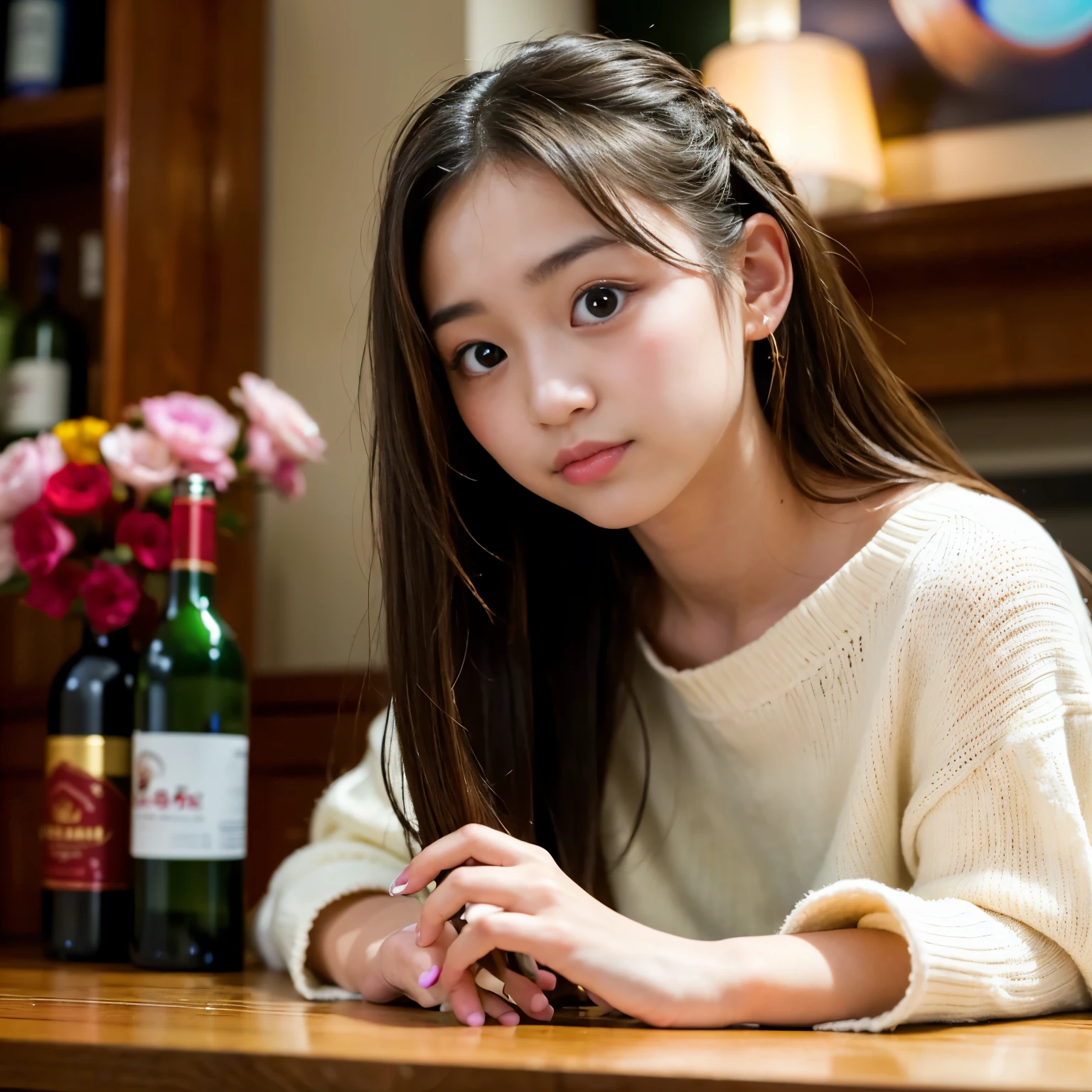 Best-quality, Masterpiece, Ultra-High-Resolution, (Photorealistic:1.4), Raw-Photo, depth of field, professional lighting, perfect anatomy, extremely details, 1girl, 15-years-old, the most famous Japanese idol, at living room, sitting on sofa, (((extremely drunk):1.5)), ((extremely cute drunk-face, ((extremely cute and extremely big drunk-eyes)), extremely beautiful hair, extremely beautiful drunk-skins):1.3), extremely cute lips, extremely cute long-eyelashes