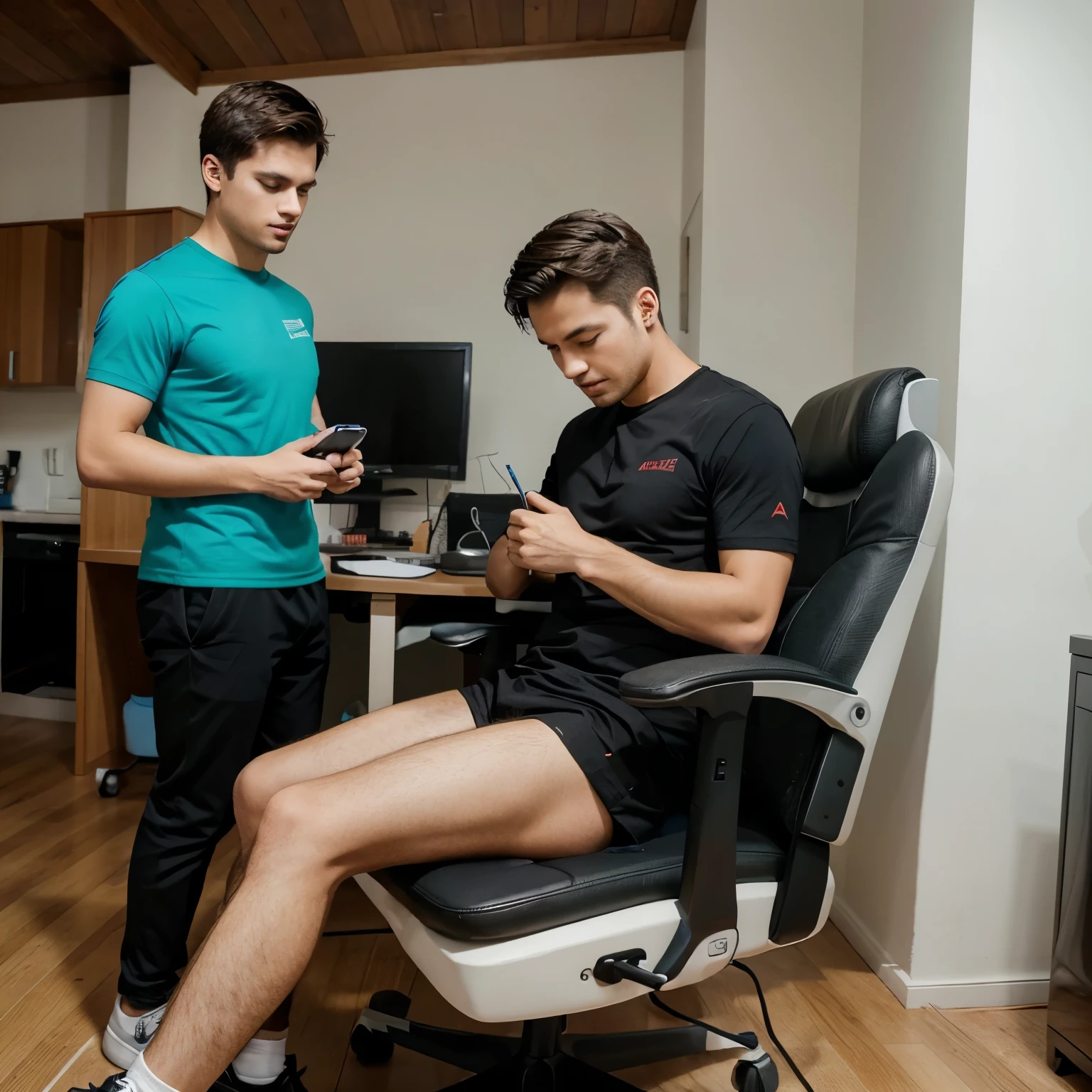 Generate image men sitting on chair and run treding on thier pc