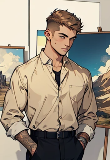 (((best quality, artwork))) , human Male  With brown fade haircut, wearing shirt 