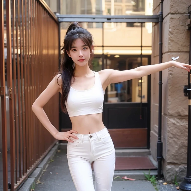 Girl in white and tight jeans posing for photo，Put your arms behind your back，Full Body Love，With a short T-shirt、bra，slim，Smaller bust，slim的女孩模特，24-year-old female model，Long hair，Single ponytail