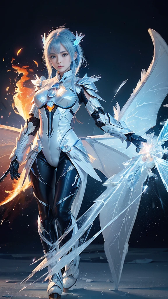 adorable_girl,fair_skin,baby face,huge filesize,wallpaper,colorful,mecha clothes, robot girl, sliver bodysuit, dragon wings, ((a dragon stands behind the girl)), beautiful detailed sliver dragon armor,(blue spark),(red and blue hair),blue eyes, burning sky,flame,Rainbow in the sky,((Flames burning ice)),(((fire butterflies))),(((ice crystal texture wings))),(Flying sparks),(detailed ice),((a lot of luminous ice crystals)),((burning feathers)),(feathers made of ice),(frozen feathers),(((ice and fire together))),