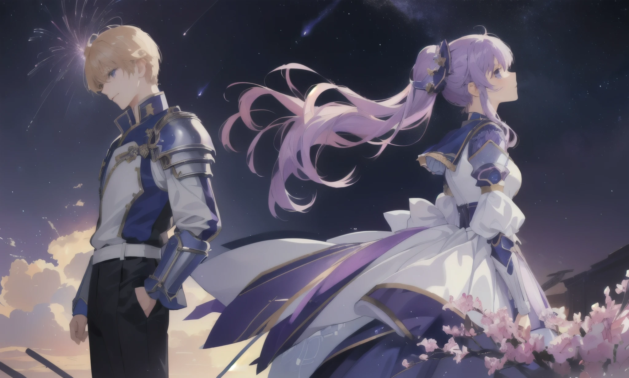 给英雄加持magic的少女，The girl has purple and white twin ponytails,Boy in armor，Future Mecha，magic，Starry Sky, best anime 4k konachan wallpaper, Shadowverse character concept, WLOP 和 Sakimichan, Fusion
