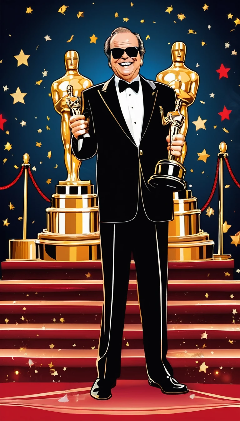 "best quality, realistic, photography, Jack Nicholson with Oscar Award in hand, golden Oscar, happy Jack Nicholson, raw photo, candid shot, vibrant color grading, spotlight, red carpet, flashing cameras, iconic moment, triumphant expression, glimmering trophy, timeless memory, close-up portrait, genuine emotion, memorable achievement, shining success, glamorous event, proud smile, well-deserved honor, celebrity status, iconic Hollywood figure, paparazzi frenzy, stylish suit, iconic red carpet attire, star-studded ceremony, extraordinary talent, film industry recognition, captivating charisma, applause and cheers, starry night, cinematic masterpiece, golden glow, priceless moment, thrilling anticipation, historic milestone, prestigious accolade, fame and glory, symbol of excellence, transcendent performance"