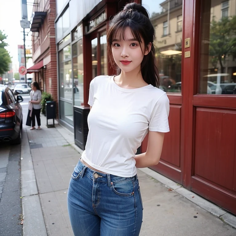 Girl in white and tight jeans posing for photo，Put your arms behind your back，Full Body Love，With a short T-shirt、bra，slim，Smaller bust，slim的女孩模特，24-year-old female model，Long hair，Single ponytail
