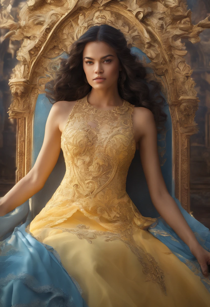 create the image of a young woman (Caucasian, 35 years old)
hair (blond, shoulder-length, slightly curly),
face (round, slightly flushed, extremely detailed),
eyes (blue, well-defined),
big breasts:1.4,
mouth slightly open,
(looking like Mayte Michelle Rodriguez:1.3),
with a yellow dress (neckline to the navel),
Sitting on a chair, extremely sensual,
facing the viewer.
Full body, ideal proportions and defined complexion, meticulously modified features, inaccessible beauty, perfection, artistic work of art, vivid realism, hyper-detailed sculptures, life-like forms, truly inspired, impeccable craftsmanship, pure brilliance, ethereal beauty, delicate contours, poses striking, sublime beauty, subtle nuances, dynamic compositions, vibrant cores, perfect lighting, moving expressions, celestial aura, majestic presence, dreamlike atmosphere, comparatively detailed octane rendering trend in artstation, 8k artistic photography, photorealistic concept art, perfect light smooth natural volumetric cinematic, Chiaroscuro, award-winning photography, work of art, oil on canvas, insanely beautiful intricate detail