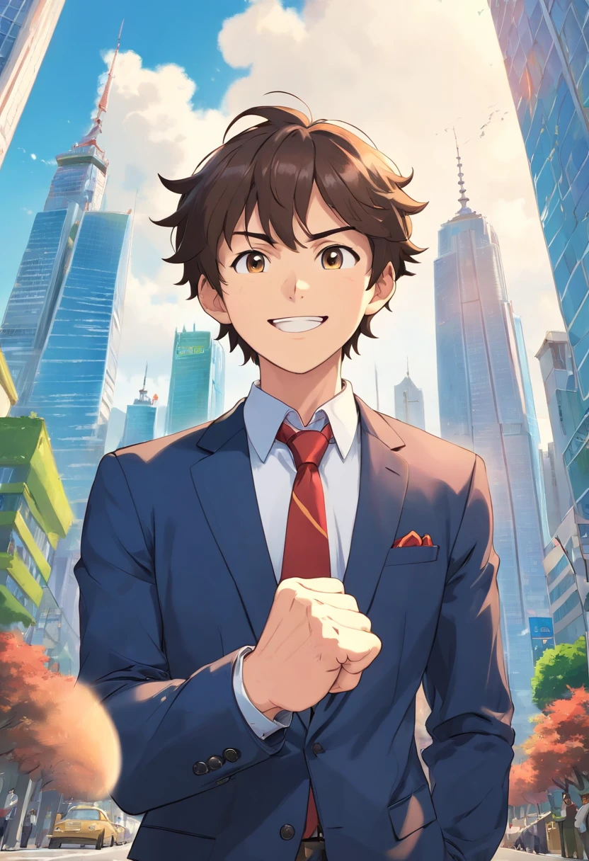 (((company employee)))、(20-year-old male)、(((Wearing a business suit)))、young、Motivation、smile、pure、(((Skyscrapers in the background)))、office Street、((((Put your fist on your chest))))