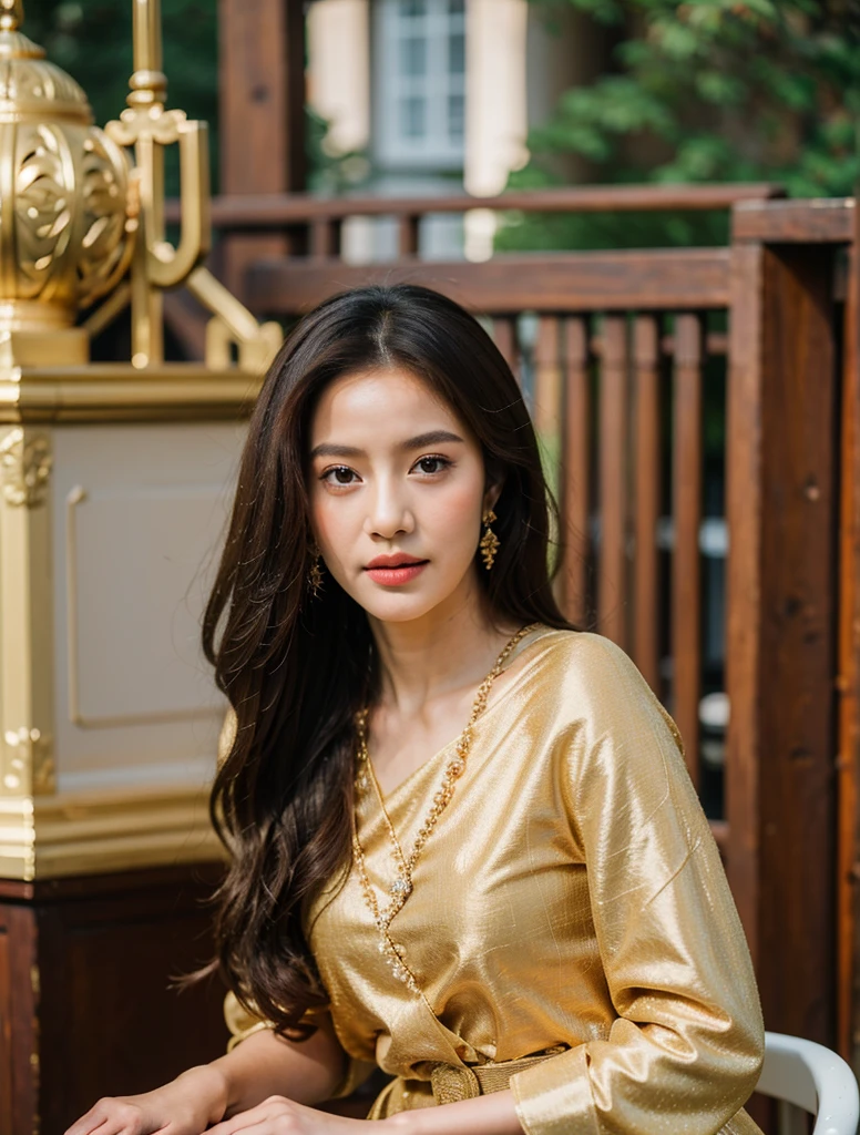 (8k,masterpiece,There's nothing wrong with it., Realistic :1.3), best quality, portrait , Realistic, face focus, 1 woman, brown long hair, Traditional Thai costume , ( comfortable:1.2), temple background, (breeze:1.2),(sun lighting:1.2)