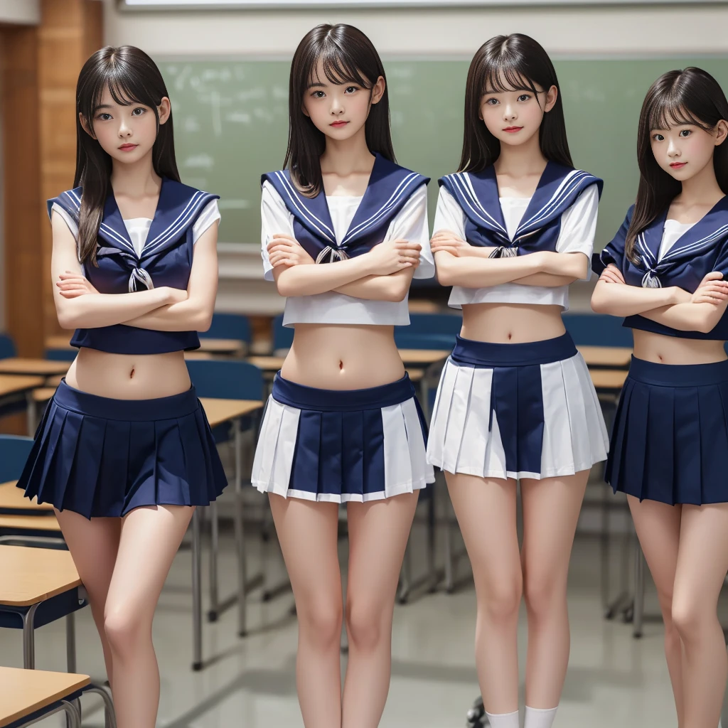 Group of Woman in front of classroom, ((white crop top sailor suit)), blue student skirts, open navel, open belly, (show abdomen area), ((((arms crossed over chest)))), crying, standing , (ready for punishment), (long shot)