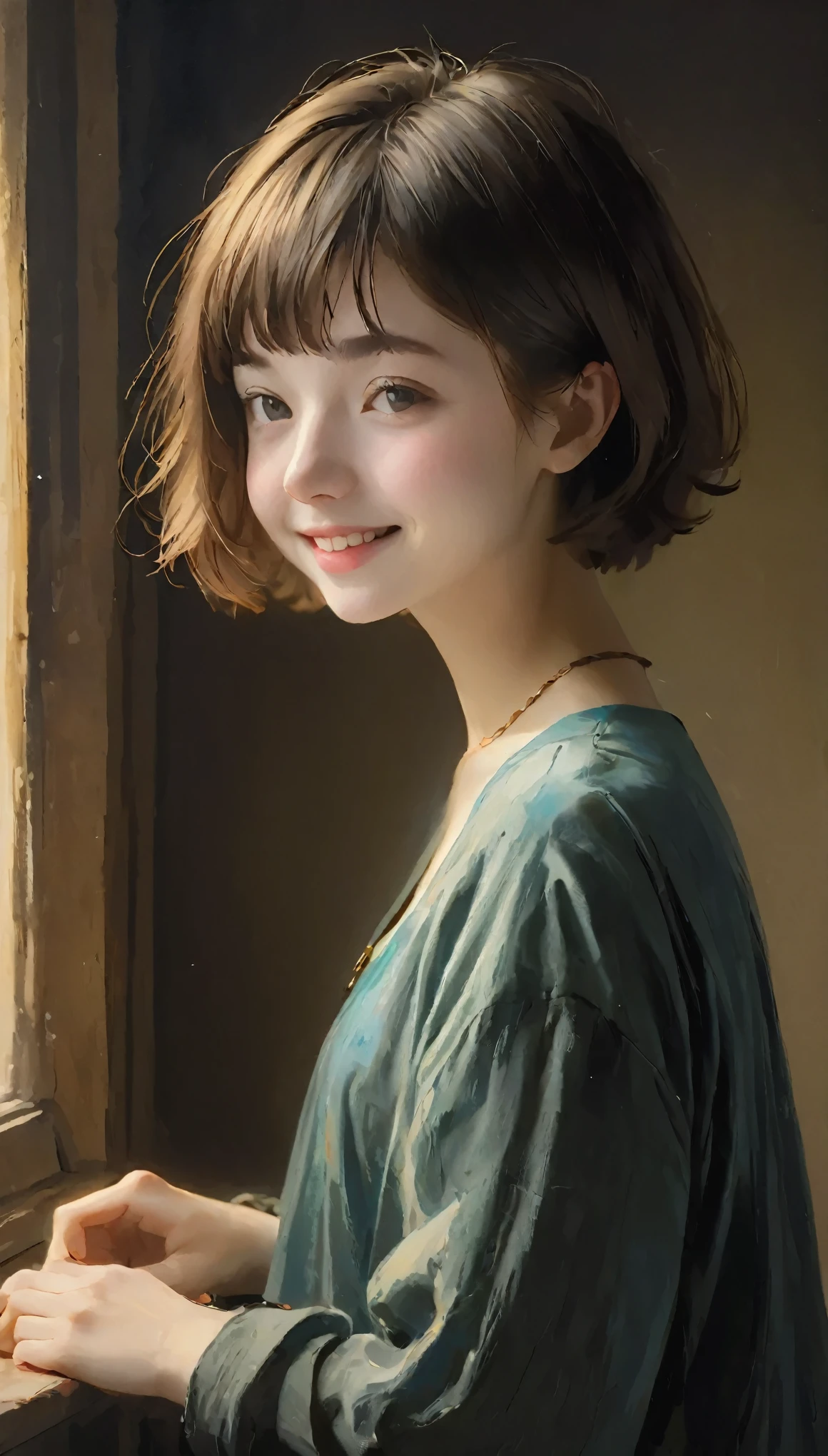186 Short Hair, 20-year-old female, A kind smile, (Rembrandt-style painting), (chest:1.46), (Wear a skirt)