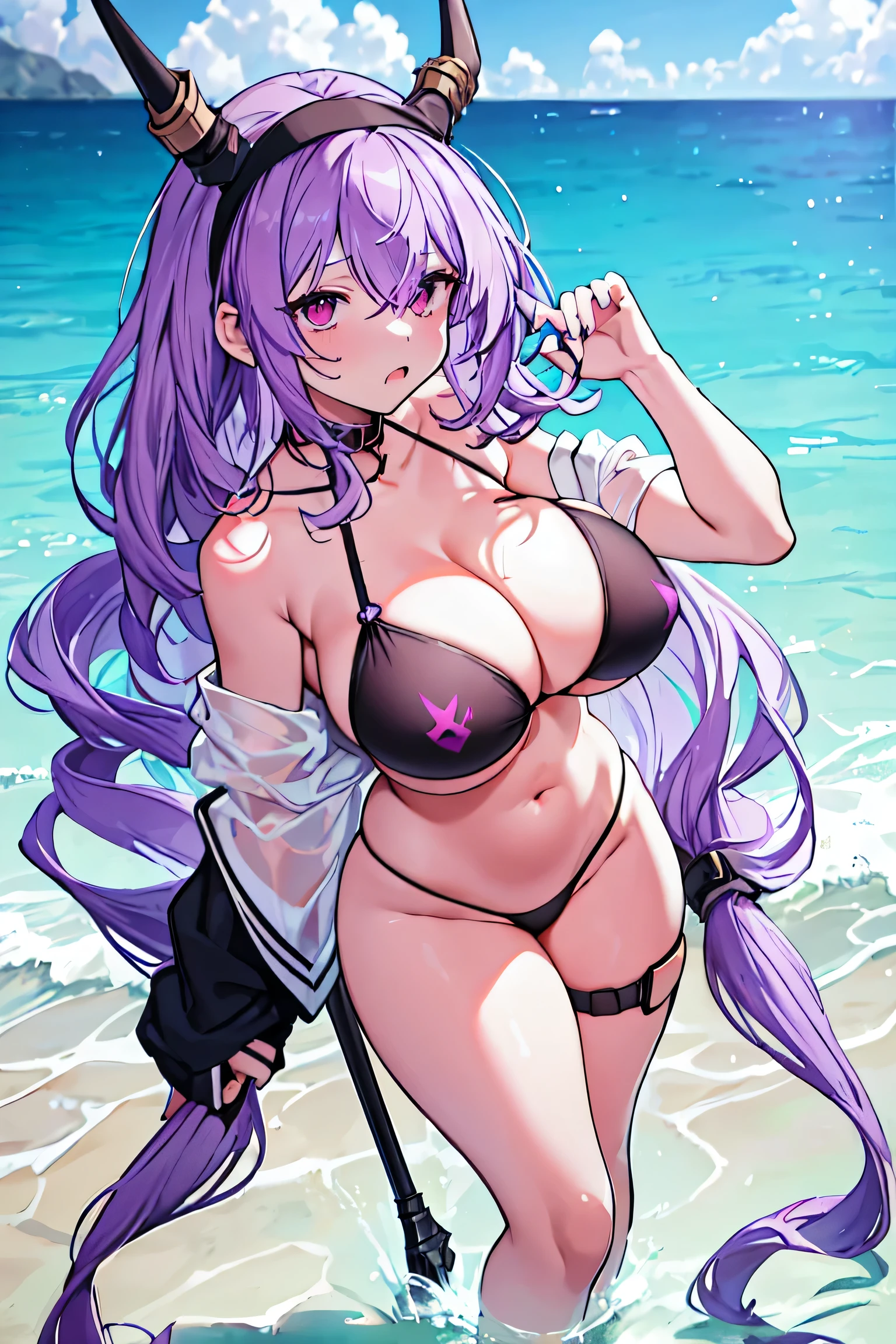 Typhon| Arc Knight, Masterpiece, best quality, 1 woman,25 years old ,micro mini bikini small, micro mini bikini covering only the nipples, gigantic breasts, Huge, enormous breasts, large breasts shrugged, My hair is very long., headband, purple hair, proportion body, proportion, show your , Water set, This micro bikini,micro mini bikini, Lying on the beach with exciting challenges, Not clear. ,only, beautiful sea, The sky is beautiful, Looking at the audience from the front, thigh strap, tilt your head, bored, 10, 10, high resolution, Show off serious design, expression of anger, Expressing dissatisfaction , Very angry. ,