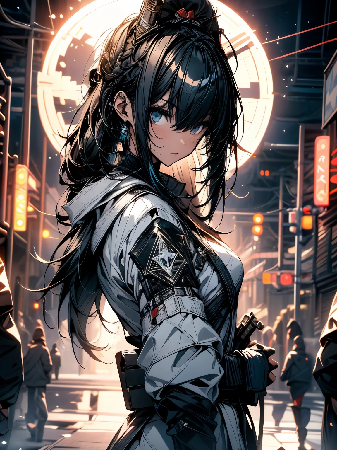 Create Ultra High Definition, Masterpiece quality image with white theme, Featuring a cute anime girl with long black hair in a cool pose, Attack with a high-tech sword. In this scene、A large number of holographic swords appear floating in a circle.。, Each one has countless intricate parts, Set in a predominantly white cyberpunk environment. The scene is enriched with holographic elements and light particles., Emphasizing futuristic and fantastical aesthetics. The image is、Capturing the essence of purity and sophistication with the finest quality and beauty, A super detailed display of a girl and her holographic sword, Super-resolution visuals that highlight the intricate details of a scene.
