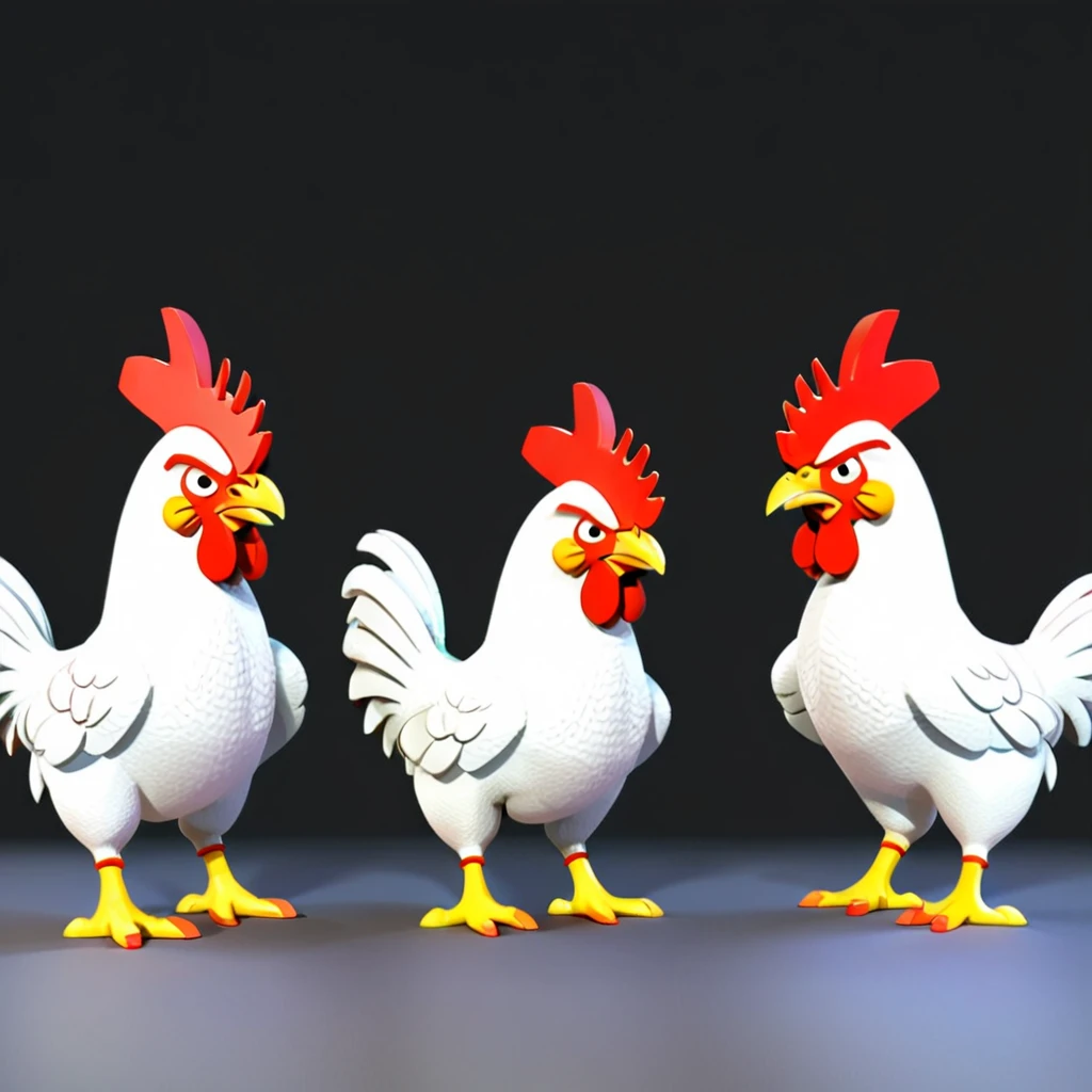 Cartoon chicken , white colour,front pose ,side pose ,three quarter pose
, red , funny , shape dynamics, front pose, side pose ,disney style , vector , blender render