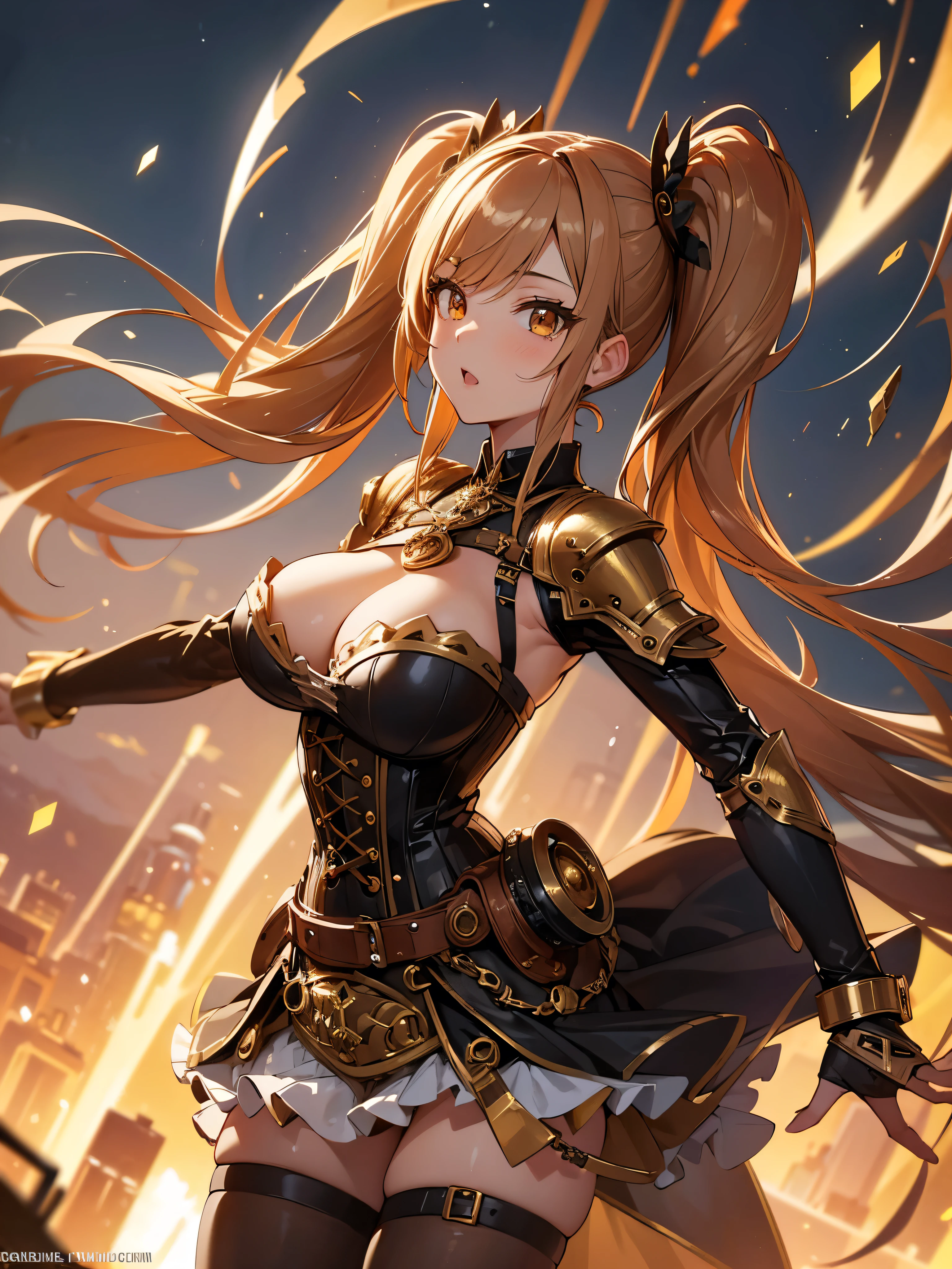 ((best quality)), ((ultra-detailed)), 1girl, corset dress, Gold and copper armor, large breasts, Dollpunk, gold belt, Barbarella, steampunk, dynamic pose, long hair, twintails, dynamic angle, steampunk city,