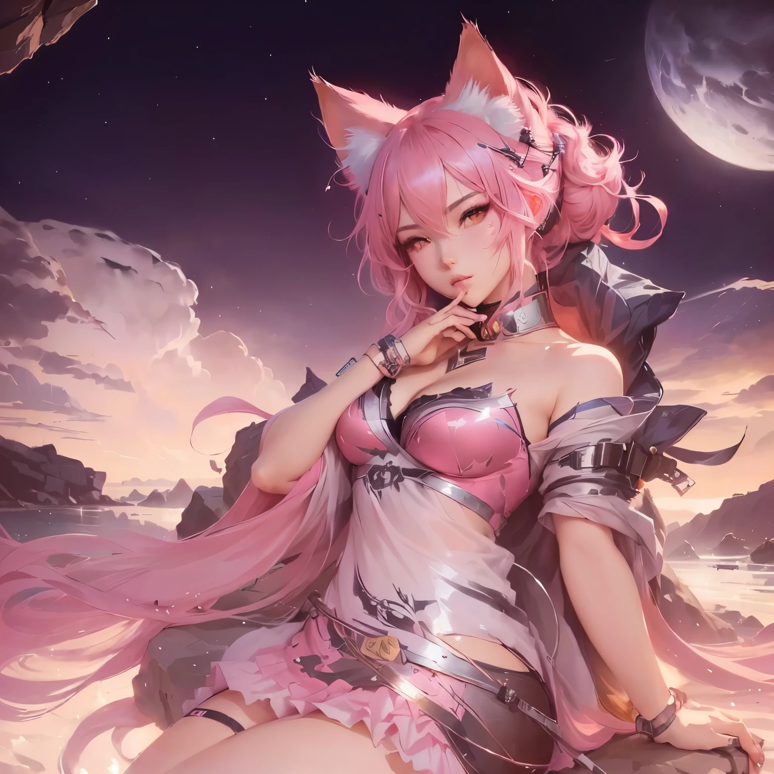 Anime girl with pink hair and cat ears sitting on a rock, Ali, portrait of Ali, guweiz, Extremely detailed artger, 8k high quality detailed art, Artwork in the style of Guweiz, Popular on cgstation, seraphine Ali kda, ! dream art, Beautiful anime Catwoman