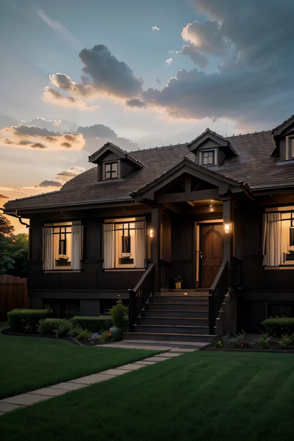 Create a captivating image showcasing the house from a slightly lower angle, capturing it in a wide panel. Two imposing columns support the roof above the main entrance, framing a pair of sturdy doors with a bat-shaped clapper. The windows of the house are tightly shut and securely boarded up, adding an air of mystery. In the foreground, a meticulously maintained lawn provides a sharp contrast to the darkening sky as the sun sets, casting a warm, fading light over the scene.