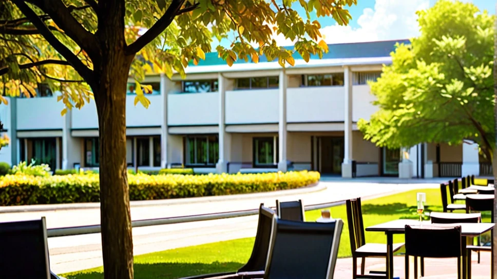 College campus,animated,image size 16:9, illustration,
glasses,
nakaniwa, tree, outdoors, table, food, day, building, cup