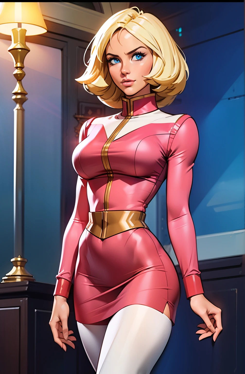 ((masterpiece)), ((cinematic lighting)), realistic photo、Real Images、Top image quality、1girl in, sayla mass, Elegant, masterpiece, Convoluted, slim arms, wide hips, thick thighs, thigh gaps, Best Quality, absurderes, high face detail, Perfect eyes, mature, Cowboy Shot, , Vibrant colors, soft pink uniform, soft pink Skirt, white tights, side view, looking at viewer