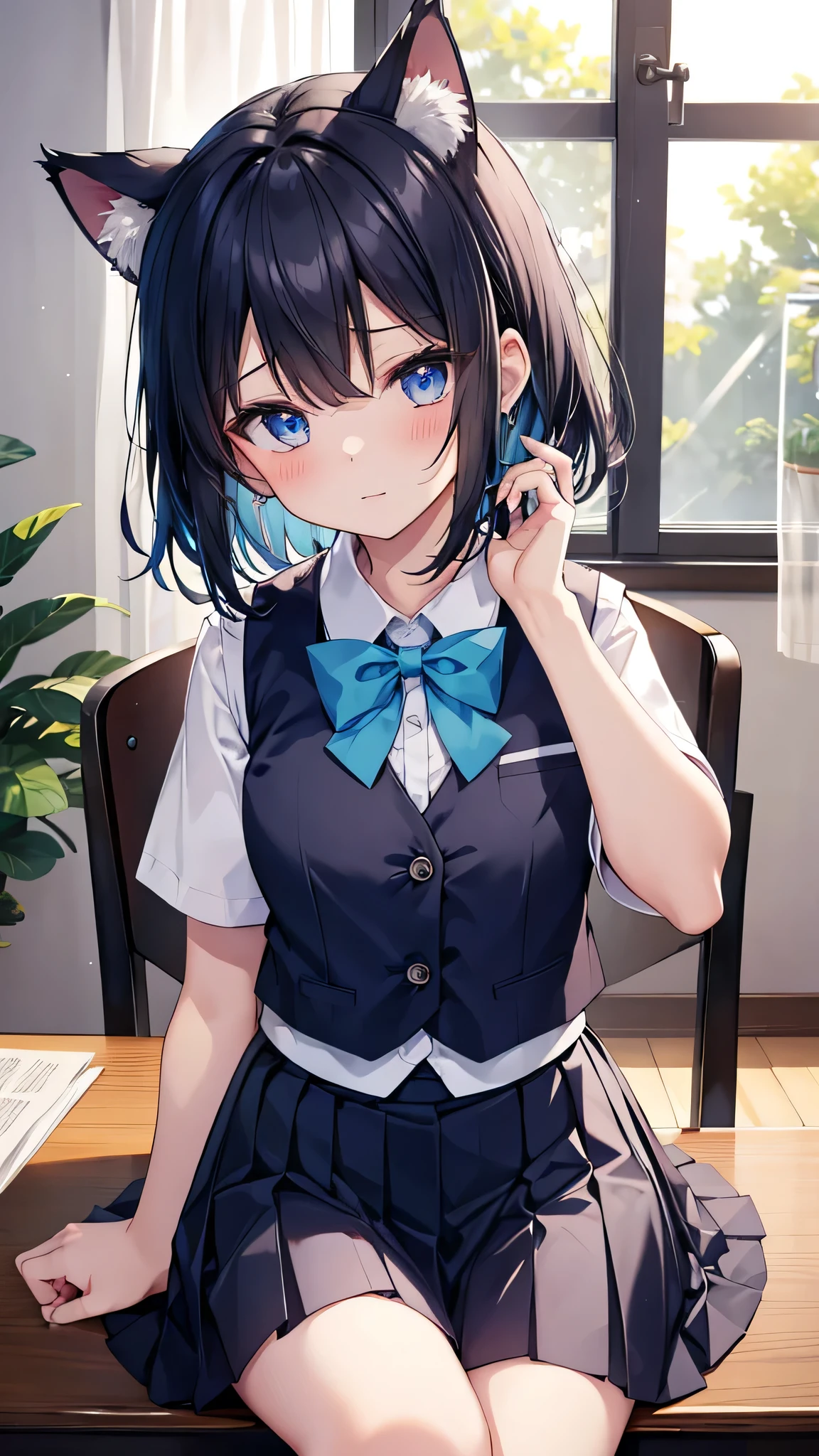 1 Girl，individual，skirt，blue eyes，Animal ears，shirt，table，sitting，White shirt，indoor，Uniforms，Short sleeve，window，Pleated Skirt，black hair，blush，Bow，school table，looking at the audience，blue skirt，collared shirt，curtain，Animal ears plush，Red Bow，Chair，Cat ears，Bangs，School Chair，Hair between the eyes，Raise your hand，Blue vest，Bow