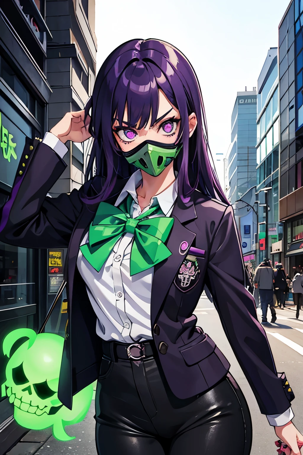 Teenage Undead Female, Purple Hair, Bright Eye, Green Skull Bowtie, Gas Mask, Warlock Outfit, Shibuya City Theme Background, Confuse Emotion mood, Sassy, Skinny Body, Anime, Masterpiece.