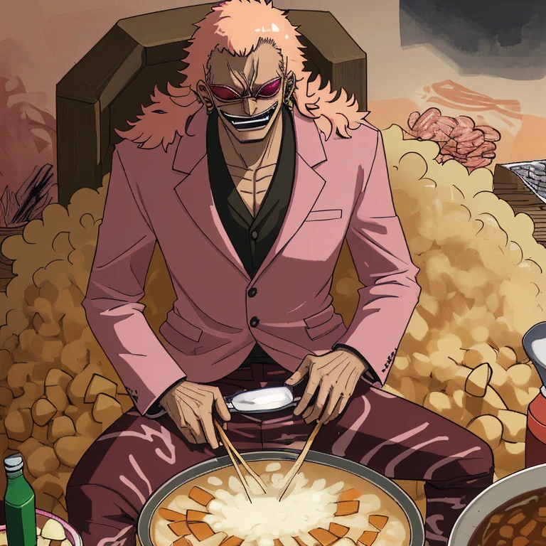 Doflamingo attends a potato stew party in a suit