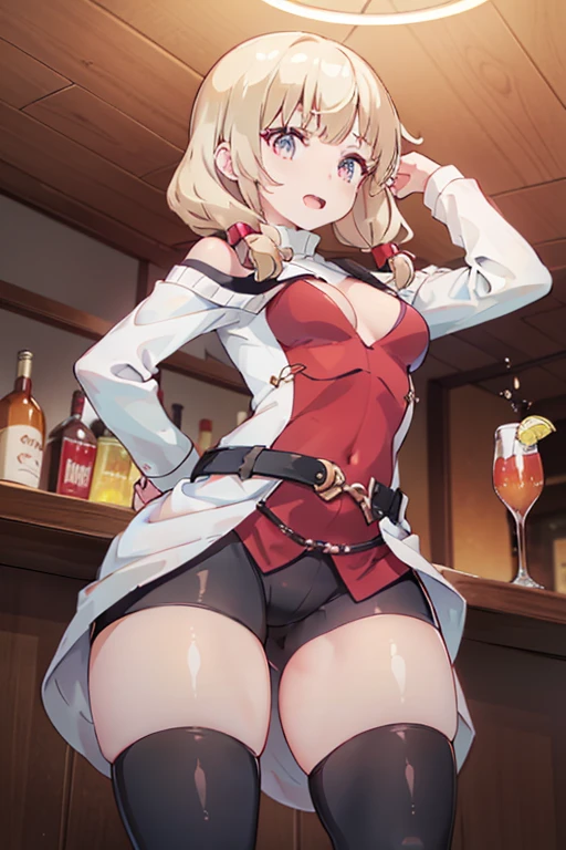 (from below:1.4),(from side:0.9), ((Face)), (Close-Up:0.4), masterpiece,"A 26-year-old girl stands at a bar counter. She is dressed in a stylish off-shoulder dress, sweater dress, off-shoulder sweater, red sweater,garter stocking, cleavage:1.1, midriff, black shorts, black thighhighs, thigh strap, pretty girl, (highly detailed beautiful face and eyes,firm breasts),real skin,((black,hair,long pony tail hair)),thin pubic hair,cute and lovely pose, detailed eyes, This masterpiece is only visually stunning but also tells,(double breasted:0.6,under bust:0.6),(with sparkling eyes and a contagious smile),open mouth. The bar is beautiful, with colorful bottles of alcohol in the background and a soft glow from neon lights. The atmosphere is relaxed, and the girl looks confident and fashionable.",full body, sexy pose,make a cocktail , in a bar counter, Looking at Viewer,
