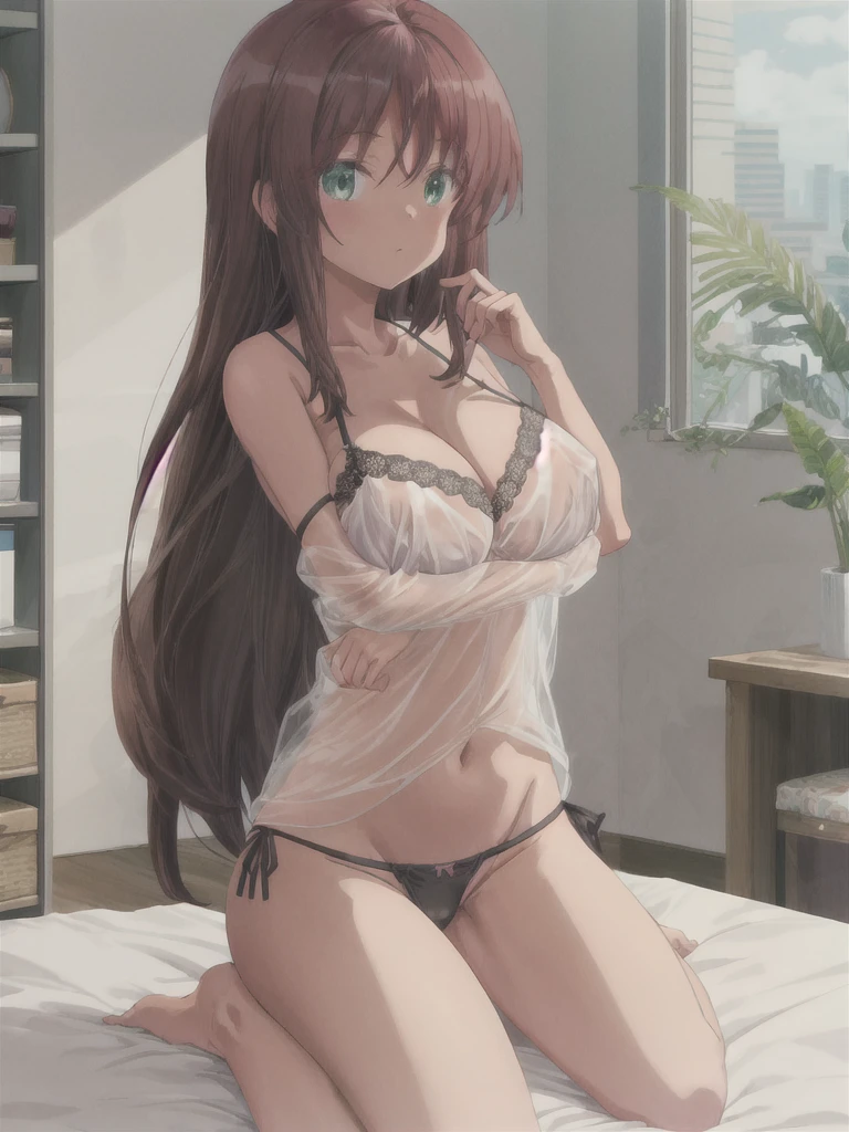 best quality, masterpiece, highres, solo, 
{kaneshiya_shitara_alicegearaegisexpansion:1.15}, long hair, brown hair, green eyes, (Gigantic Breasts:1.4), BREAK, 
bangs, Cleavage, BREAK, 
bedroom,(see-through camisole:1.2), cleavage, side-tie panties,(special occasion thong panties:1.3),
wariza,armpits,
bedroom