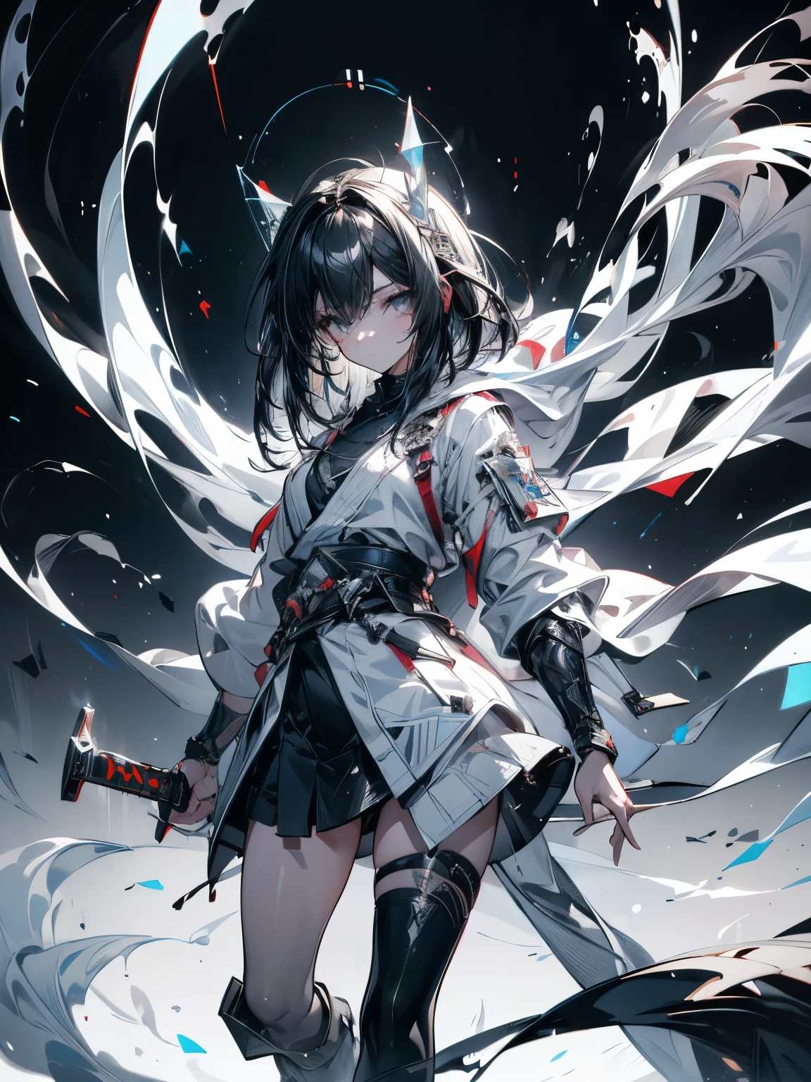 Create Ultra High Definition, Masterpiece quality image with white theme, Featuring a cute anime girl with long black hair in a cool pose, Attack with a high-tech sword. In this scene、A large number of holographic swords appear floating in a circle.。, Each one has countless intricate parts, Set in a predominantly white cyberpunk environment. The scene is enriched with holographic elements and light particles., Emphasizing futuristic and fantastical aesthetics. The image is、Capturing the essence of purity and sophistication with the finest quality and beauty, A super detailed display of a girl and her holographic sword, Super-resolution visuals that highlight the intricate details of a scene.