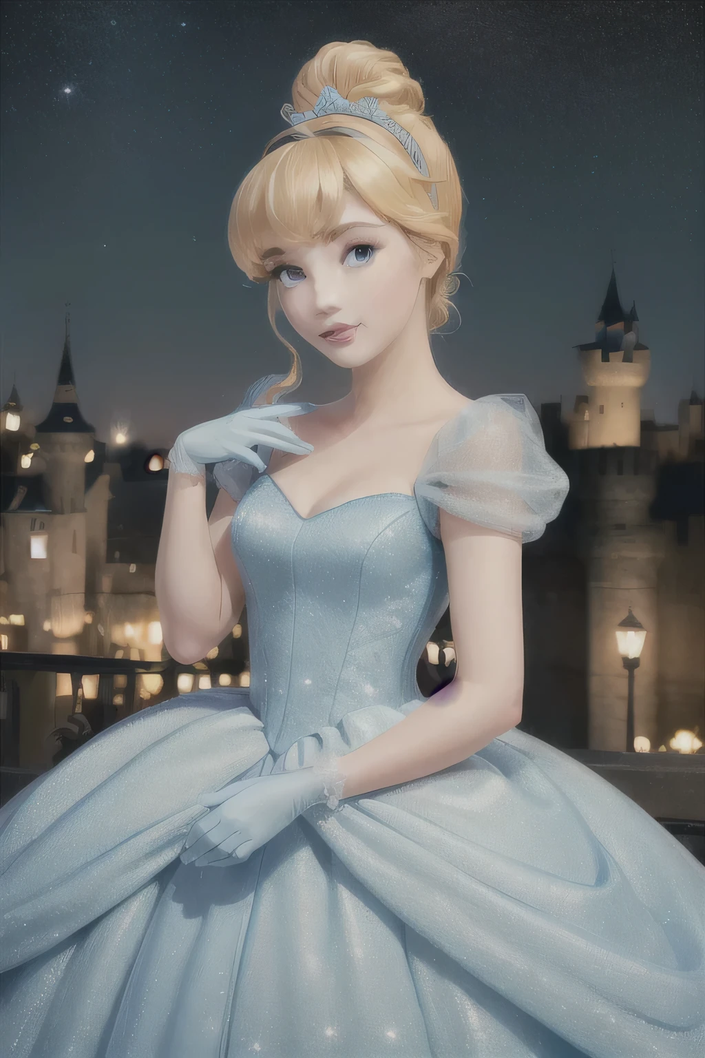 ((masterpiece:1.2), best quality, highres, ultra-detailed), solo, 1girl, (CinderellaWaifu,princess cinderella from disney,beautiful skin,swept bangs,top knot:1.4),(18 years old,large breasts,sexy eyes,turquoise eyes,blonde hair:1.1),elegant face,(blue headband:1.3), princess, (1girl, solo:1.4), cowboy shot,(light blue rococo style gown:1.4), long gloves, looking at viewer, (outdoor,at night,castle,starry sky:1.2),cute pose