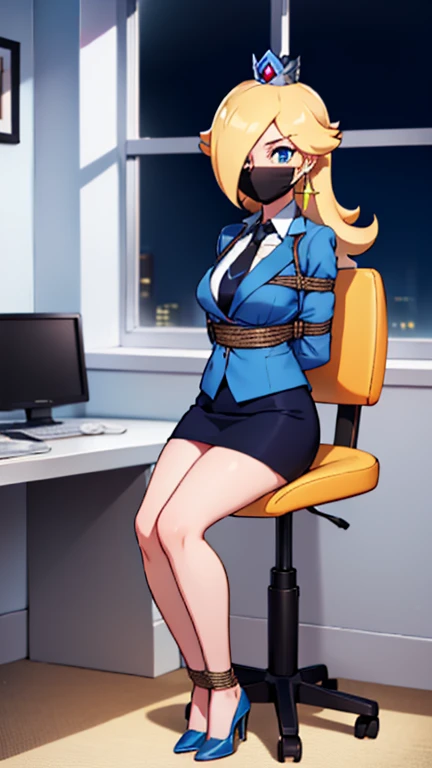 ((high detailed, best quality, 4k, masterpiece, hd:1.3)), BREAK night, window, moonlight, landscape, (in office), indoors, business office, office workers working in the office, many people are busy working, window, desk, chair, computer, ceiling light, Rosalina, one eye covered by hair, neon blue eyes, seductive, attractive, , smooth anime cg art, 36C breasts, (long fitness legs), vivid colors, detailed digital art, slim body, perfect skin, blonde hair, long hair, BREAK crown, BREAK looking at viewer, extremely detailed face, navy_blue necktie, blue jacket, black shirt, blue pencil skirt, full body, (blue high heels), earrings, gem, dark black makeup lips, dark gothic eyeshadows, dark eyeshadows, black eyeshadows, , (perfect hands, perfect anatomy), black makeup, (1 girl), ((front view, frontal view)), (shibari, arms behind back: 1.4), (wearing a tight mask), ((tight black band mask)), standing