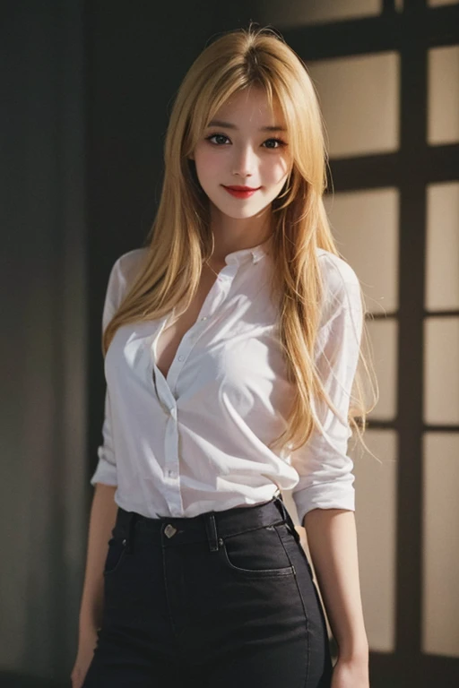 highest quality, masterpiece, Ultra-high resolution, (Realistic:1.5), Blonde Gal, RAW Photos, smile, Bodyline、Hip, One Girl, Perfect fit, In the Dark, Deep Shadow, moderate, Cold Light, Sexy look