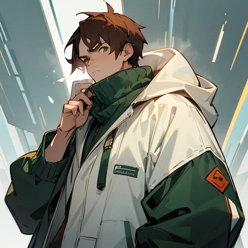 Mechanical Neck Warmer,downward gaze,Upper Body ,Annoyed hunchbacked man,Green Eye,Brown Hair,Exhale white breath,Green open down jacket,Oversized off-white hoodie,snow Road