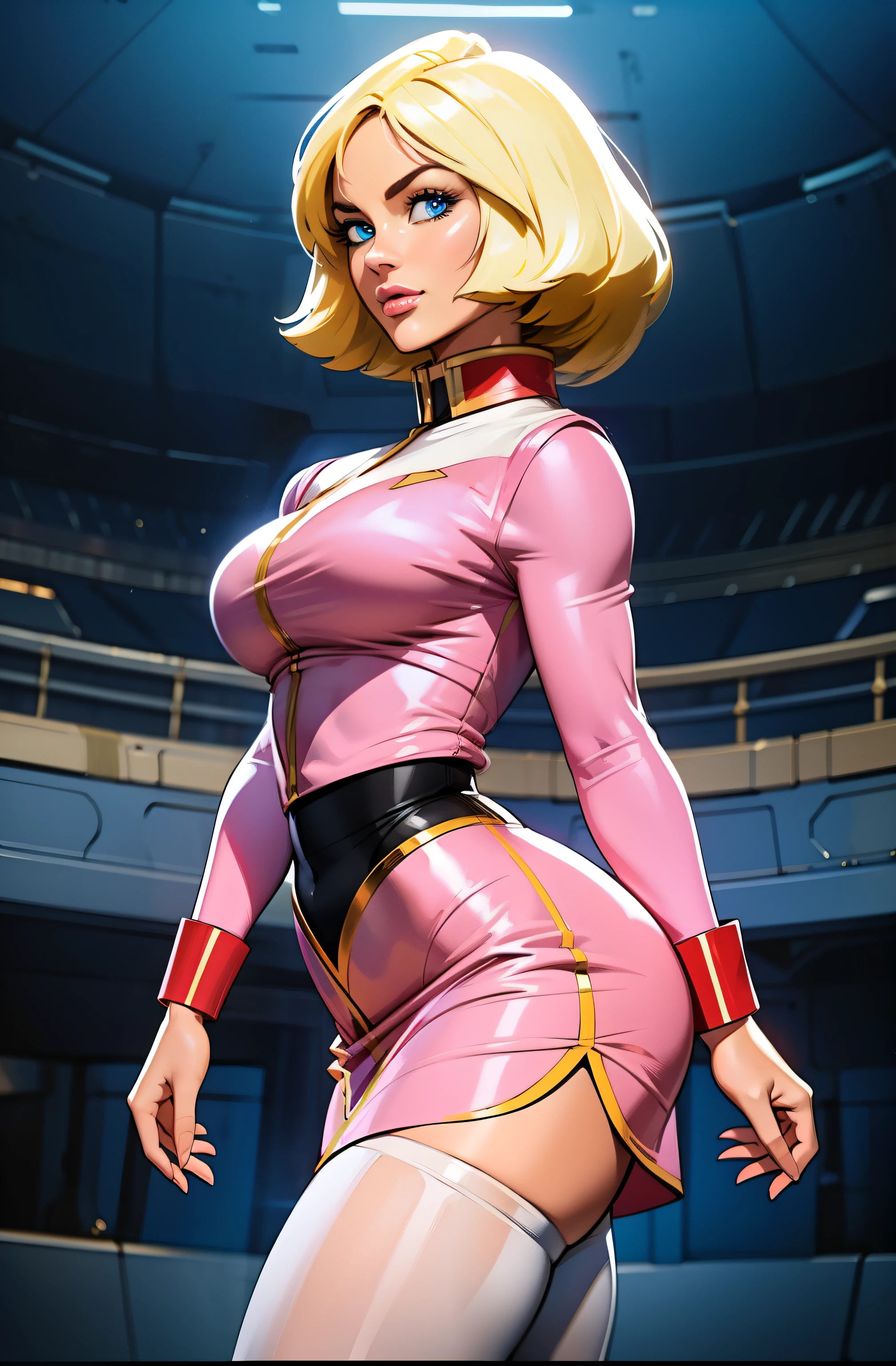 ((masterpiece)), ((cinematic lighting)), realistic photo、Real Images、Top image quality、1girl in, sayla mass, Elegant, masterpiece, Convoluted, slim arms, wide hips, thick thighs, thigh gaps, Best Quality, absurderes, high face detail, Perfect eyes, mature, Cowboy Shot, , Vibrant colors, soft pink uniform, soft pink Skirt, white tights, side view, looking at viewer