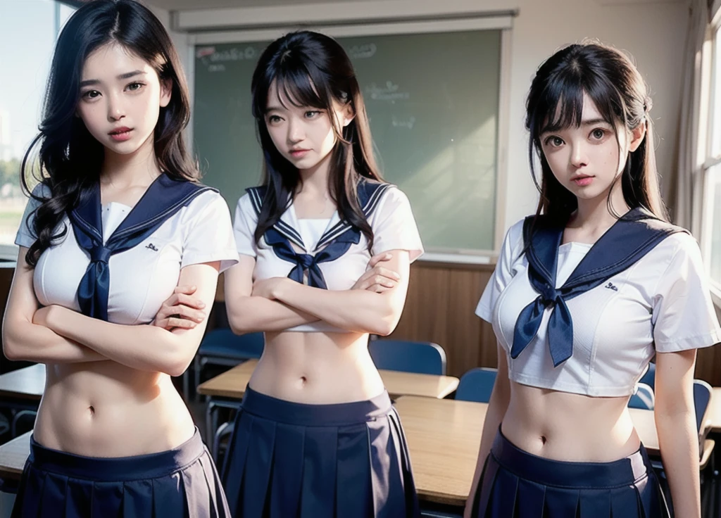 Group of Woman in front of classroom, ((white crop top sailor suit)), blue student skirts, open navel, open belly, (show abdomen area), ((((arms crossed over chest)))), crying, standing , (ready for punishment), (long shot)