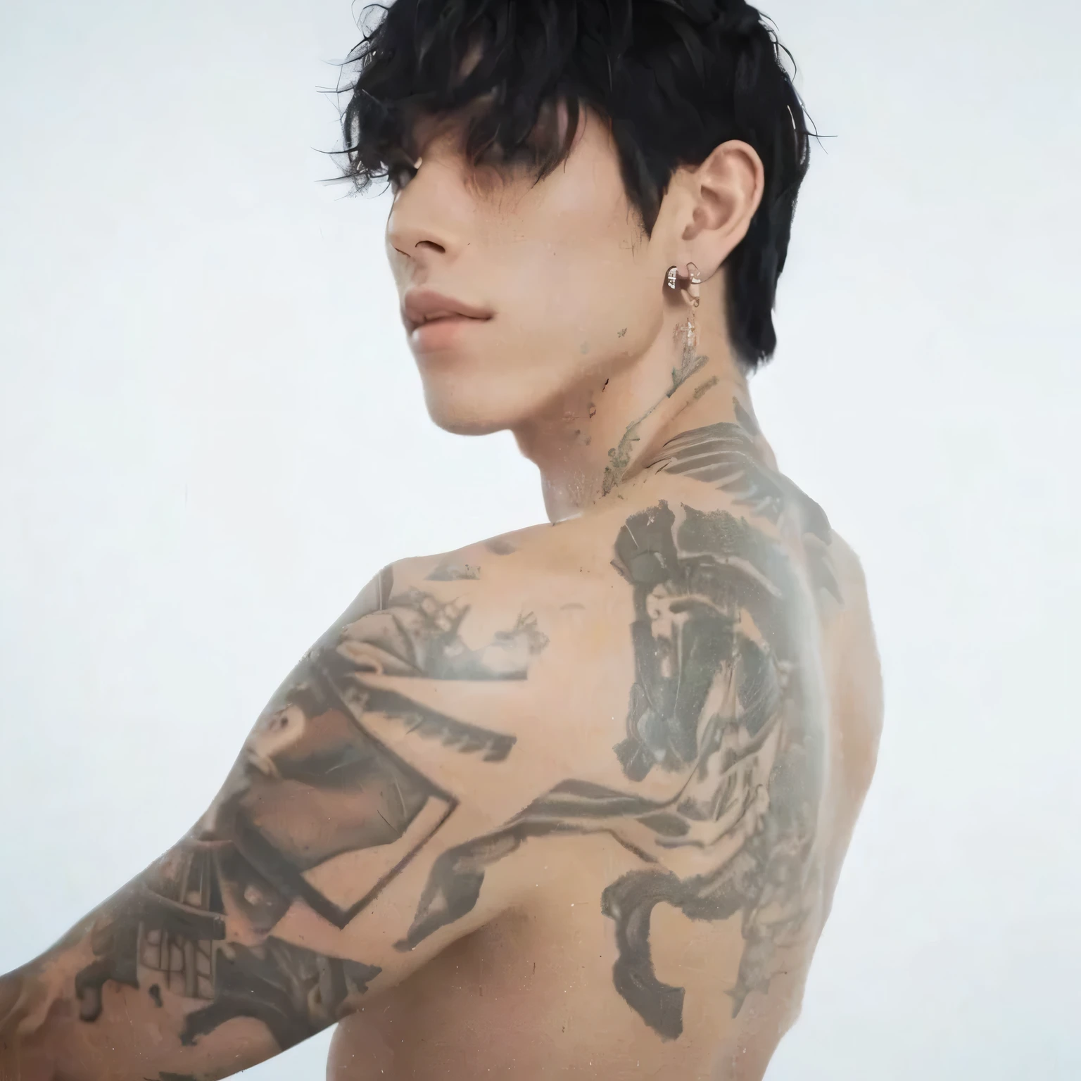 Hombre arafed con un tatuaje en la espalda y un caballo en el pecho., con tatuajes, tatuado, androgynous person, araki, an epic non-binary model, arms behind the back, inspirado en Randy Vargas, tatuajes por toda la piel, por Jessie Alexandra Dick, androgynous, julia fuentes, androgynous male dpr ian christian yu