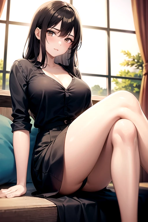1woman, beautiful, kind and pretty face, a little embarrassed, a nice body, nice curves not too accentuated, long and wavy black hair, big black and bright eyes, she is wearing a knee-length skirt, a light shirt with one button undone, she is sitting on the sofa with her legs resting on top, bent almost under her bottom, she is very sensual, ((best quality)), ((masterpiece)), (detailed), (perfect face)