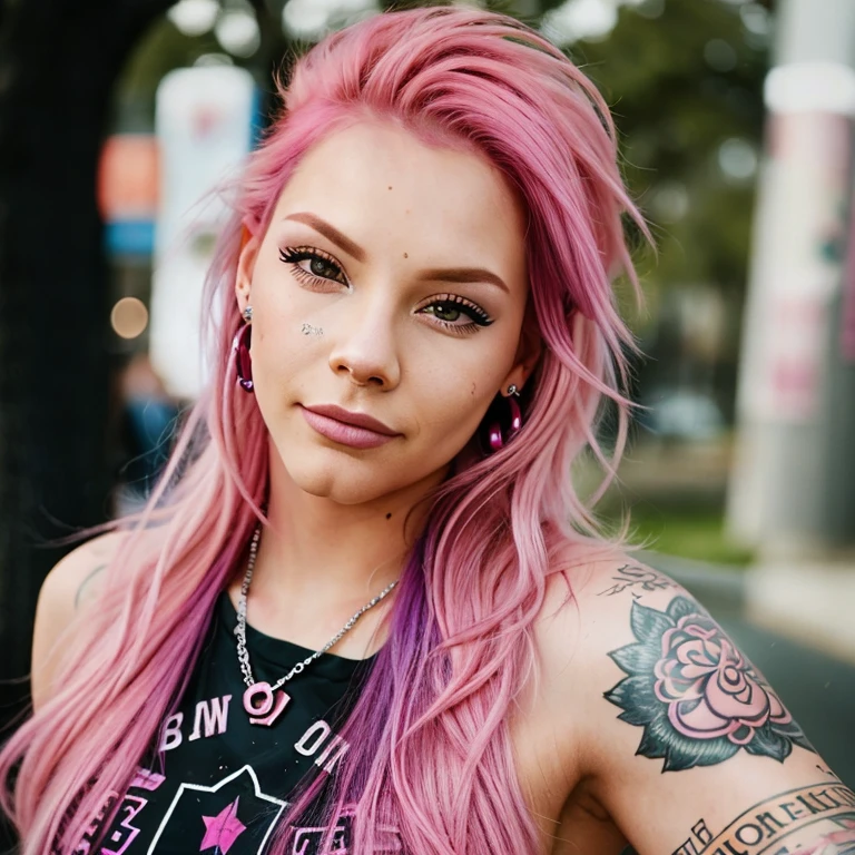 pink hair color, with piercings, close up shot, face to the camra, 26 years old, super realist
