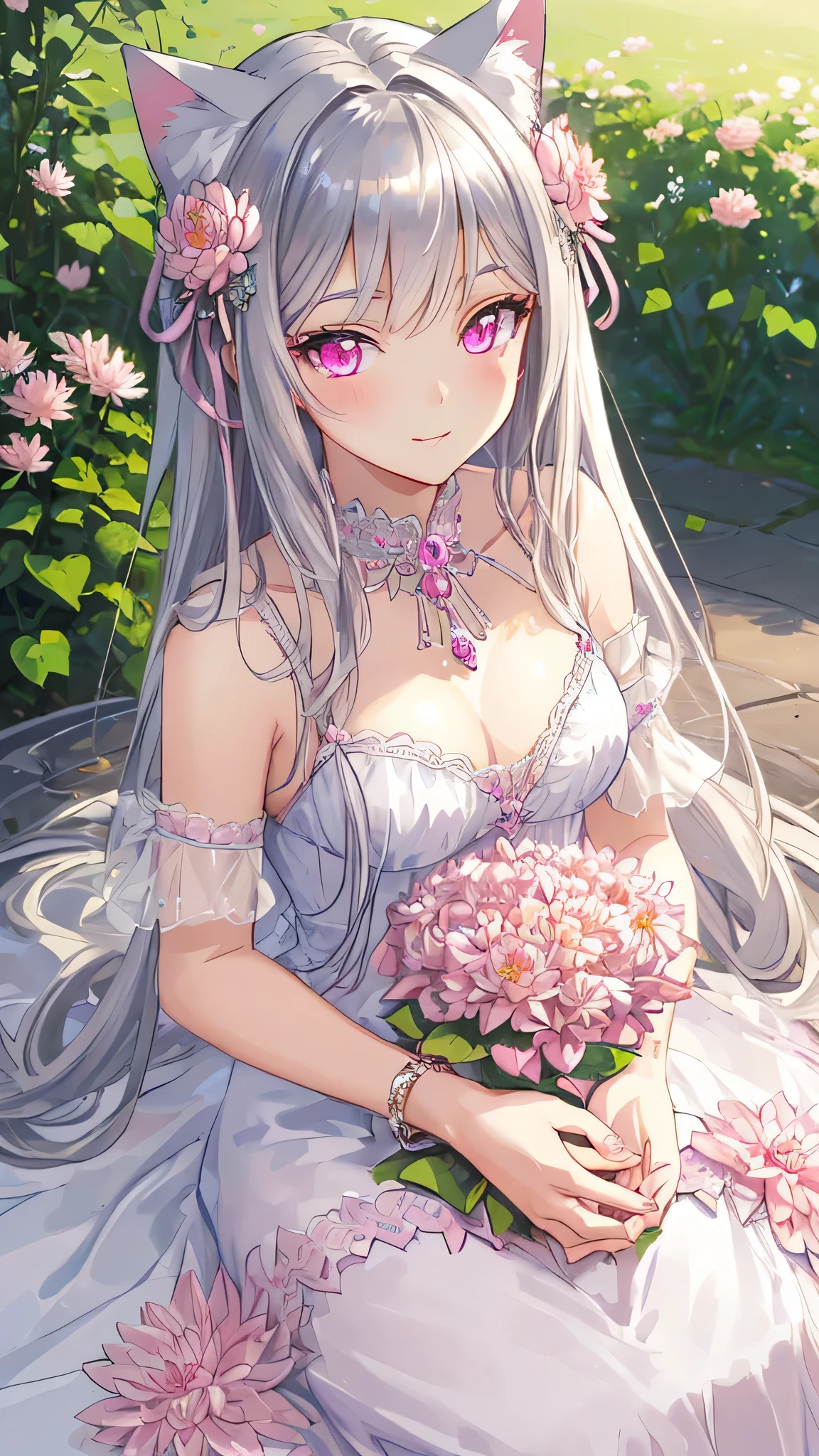 masterpiece,best quality,ultra-detailed face,detailed eyes,sparkling eyes,highlighted eyes,medium breasts,illustration,cute girl,Smug Look,Cat ear,beautiful silver hair,inner is pink,beautiful pink eyes,dahlia,dress,Water