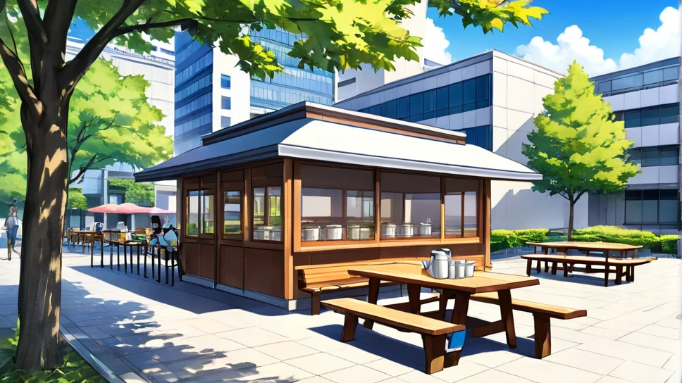 College campus,animated,image size 16:9, illustration,
glasses,
nakaniwa, tree, outdoors, table, food, day, building, cup