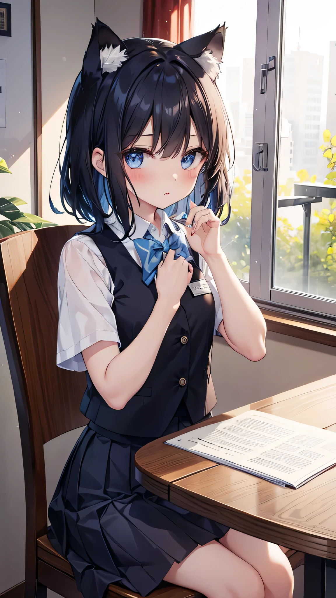 1 Girl，individual，skirt，blue eyes，Animal ears，shirt，table，sitting，White shirt，indoor，Uniforms，Short sleeve，window，Pleated Skirt，black hair，blush，Bow，school table，looking at the audience，blue skirt，collared shirt，curtain，Animal ears plush，Red Bow，Chair，Cat ears，Bangs，School Chair，Hair between the eyes，Raise your hand，Blue vest，Bow