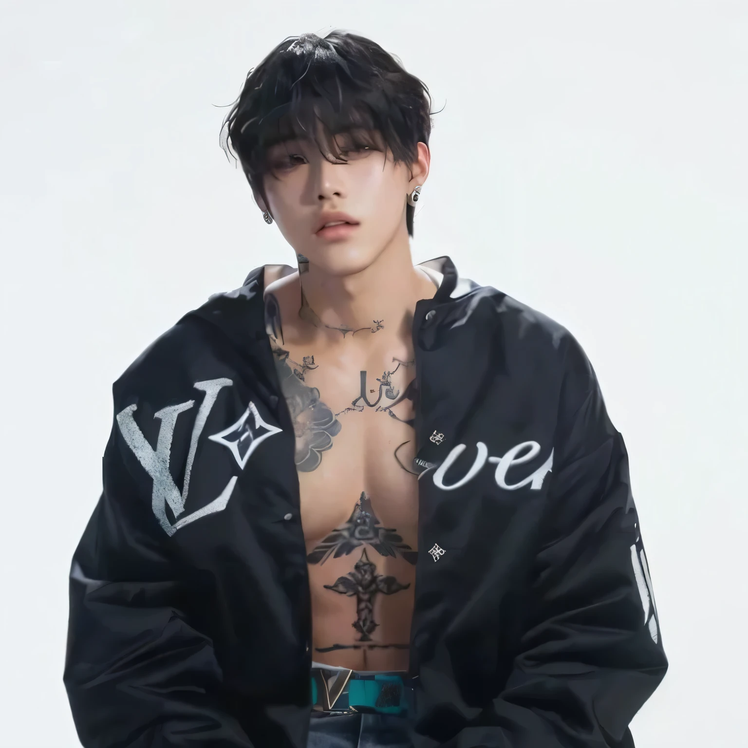 un primer plano de un hombre con un tatuaje en el pecho, cai xukun, xxxtentacion, hyung tae, kim taejin, Yanjun Chengt, Ropa de pecho en V abierta, Kim Doyoung, lv, retrato de jossi de blackpink, Hong June Hyung, con tatuajes, jungkook, estilo araki, shen mingchen, inspirado en Randy Vargas dpr ian christian yu