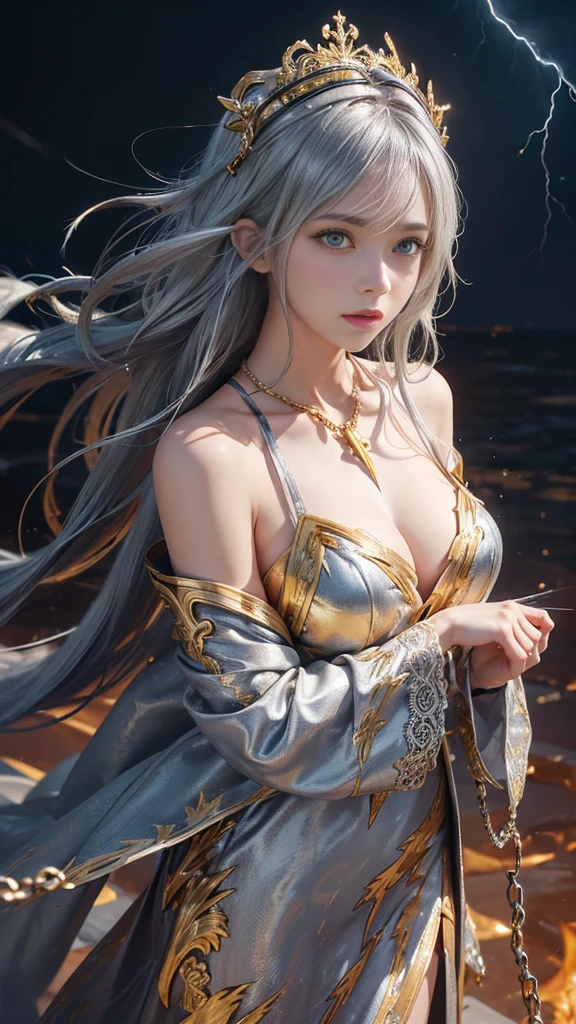adorable_girl,fair_skin,huge filesize,wallpaper,colorful,Extremely gorgeous metal style, Metal crown with ornate stripes, Various metals background, Sputtered molten iron, floating hair, Hair like melted metal, Clothes made of silver, Clothes with gold lace, flowing gold and silver, everything flowing and melt, flowing iron, flowing silver, lace flowing and melt,(detailed light), ((lightning in hand)),lightning surrounds,(((lightning chain))),