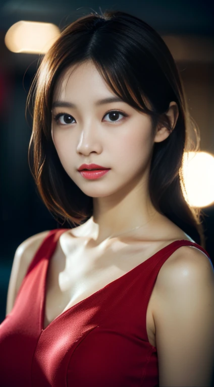 Woman in red Dress、Age 25、Japanese、Looking straight ahead、looking at the camera、Bust up shot、The woman is in the center of the picture.、Beautiful face、Brown Hair、Gorgeous hairstyle、Red lips、8K、highest quality 、masterpiece、Realistic、Realisticな写真、Movie Photos、超Realistic、1 person、Detailed、Perfect lighting、DSRL、Professional photos、4k