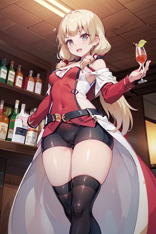 (from below:1.4),(from side:0.9), ((Face)), (Close-Up:0.4), masterpiece,"A 26-year-old girl stands at a bar counter. She is dressed in a stylish off-shoulder dress, sweater dress, off-shoulder sweater, red sweater,garter stocking, cleavage:1.1, midriff, black shorts, black thighhighs, thigh strap, pretty girl, (highly detailed beautiful face and eyes,firm breasts),real skin,((black,hair,long pony tail hair)),thin pubic hair,cute and lovely pose, detailed eyes, This masterpiece is only visually stunning but also tells,(double breasted:0.6,under bust:0.6),(with sparkling eyes and a contagious smile),open mouth. The bar is beautiful, with colorful bottles of alcohol in the background and a soft glow from neon lights. The atmosphere is relaxed, and the girl looks confident and fashionable.",full body, sexy pose,make a cocktail , in a bar counter, Looking at Viewer,