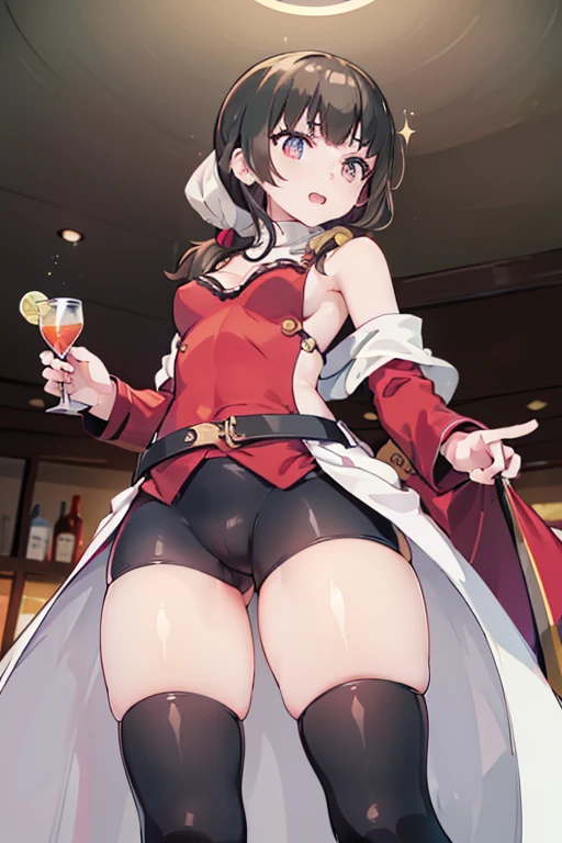 (from below:1.4),(from side:0.9), ((Face)), (Close-Up:0.4), masterpiece,"A 26-year-old girl stands at a bar counter. She is dressed in a stylish off-shoulder dress, sweater dress, off-shoulder sweater, red sweater,garter stocking, cleavage:1.1, midriff, black shorts, black thighhighs, thigh strap, pretty girl, (highly detailed beautiful face and eyes,firm breasts),real skin,((black,hair,long pony tail hair)),thin pubic hair,cute and lovely pose, detailed eyes, This masterpiece is only visually stunning but also tells,(double breasted:0.6,under bust:0.6),(with sparkling eyes and a contagious smile),open mouth. The bar is beautiful, with colorful bottles of alcohol in the background and a soft glow from neon lights. The atmosphere is relaxed, and the girl looks confident and fashionable.",full body, sexy pose,make a cocktail , in a bar counter, Looking at Viewer,
