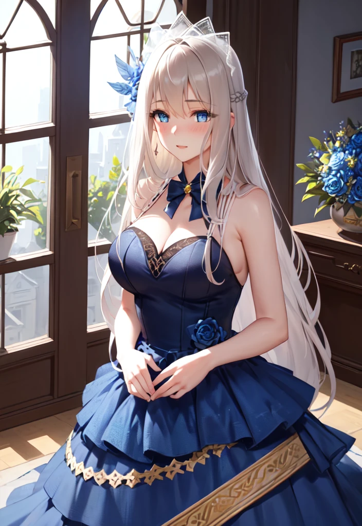 1girl, solo,masterpiece, (8k, best quality, masterpiece:1.2),highly detailed,ultra-detailed,masterclass,best quality,illustration,hair_between_eyes, braid,perfect lighting,medium breasts,hair ornament,Flaxen long hair(delicate eyes),(blue eyes),(detailed facial features),full body, long_hair, blush,cowboy shot, feathers hair ornament, ,(dark blue wedding dress:1.2) night,windows,indoors,light,indoors,carpet,