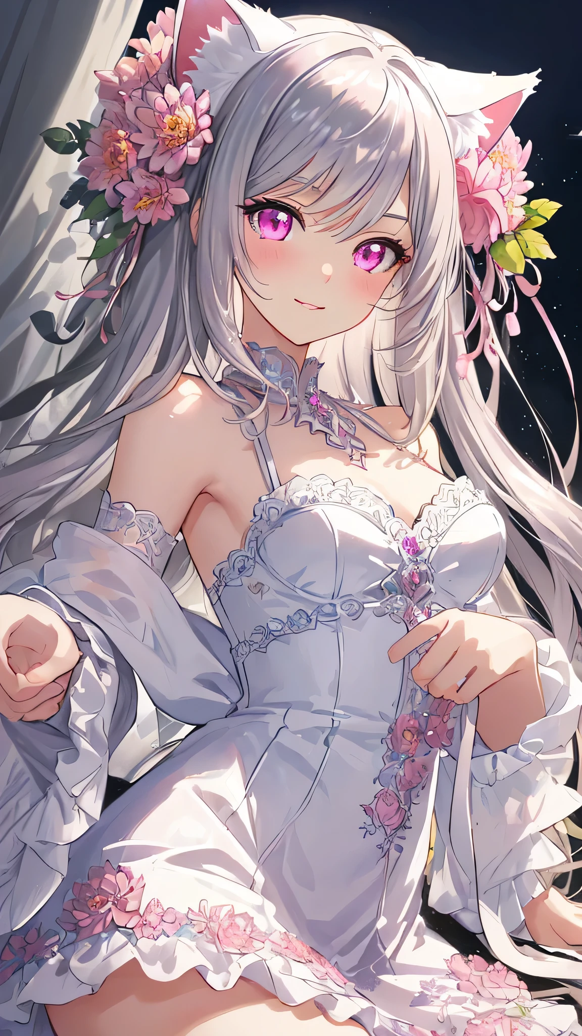 masterpiece,best quality,ultra-detailed face,detailed eyes,sparkling eyes,highlighted eyes,medium breasts,illustration,cute girl,Smug Look,Cat ear,beautiful silver hair,inner is pink,beautiful pink eyes,dahlia,dress,Water