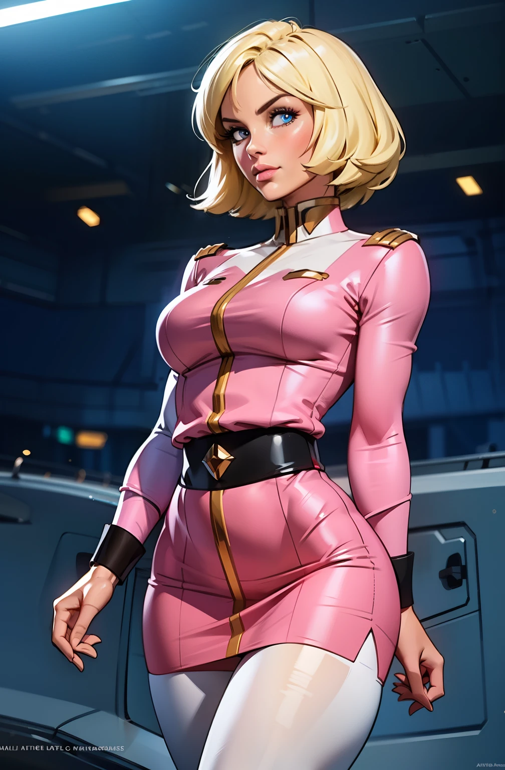 ((masterpiece)), ((cinematic lighting)), realistic photo、Real Images、Top image quality、1girl in, sayla mass, Elegant, masterpiece, Convoluted, slim arms, wide hips, thick thighs, thigh gaps, Best Quality, absurderes, high face detail, Perfect eyes, mature, Cowboy Shot, , Vibrant colors, soft pink uniform, soft pink Skirt, white tights, side view, looking at viewer